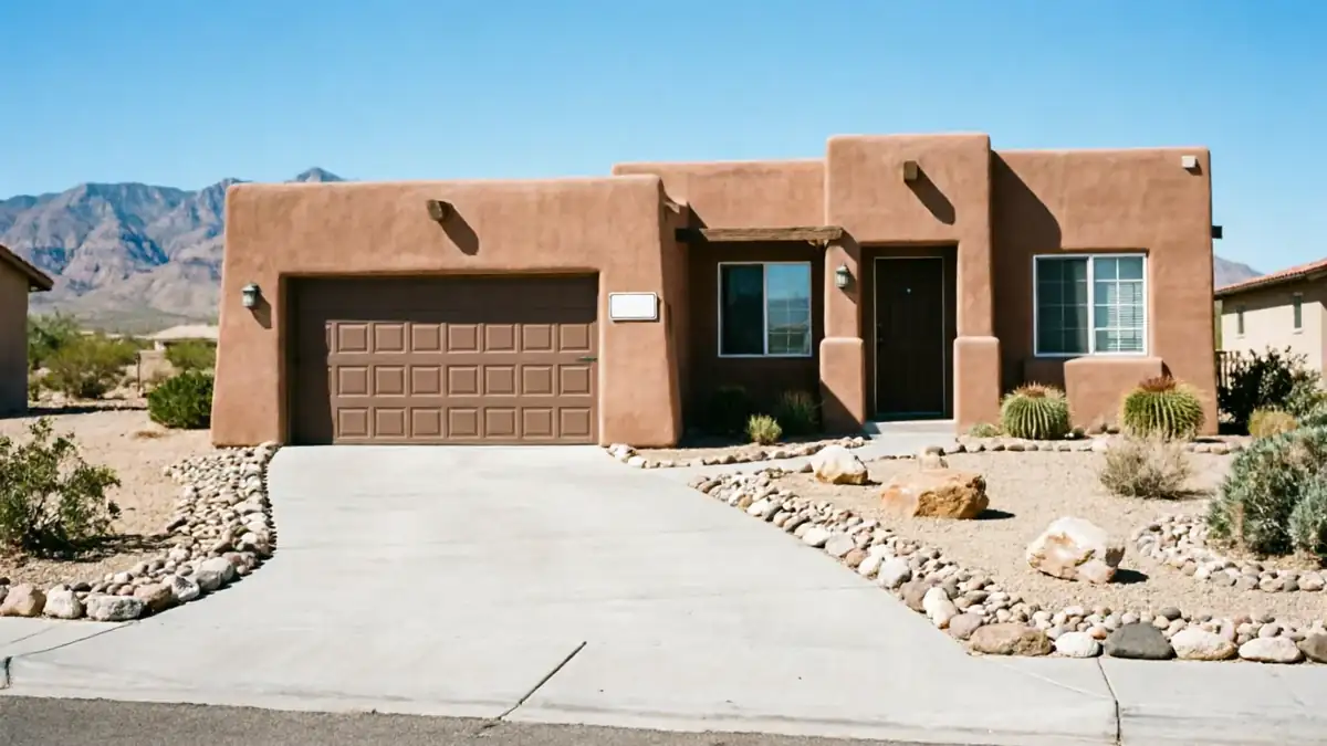 The house has a brown garage door, a brown front door, and desert landscaping.