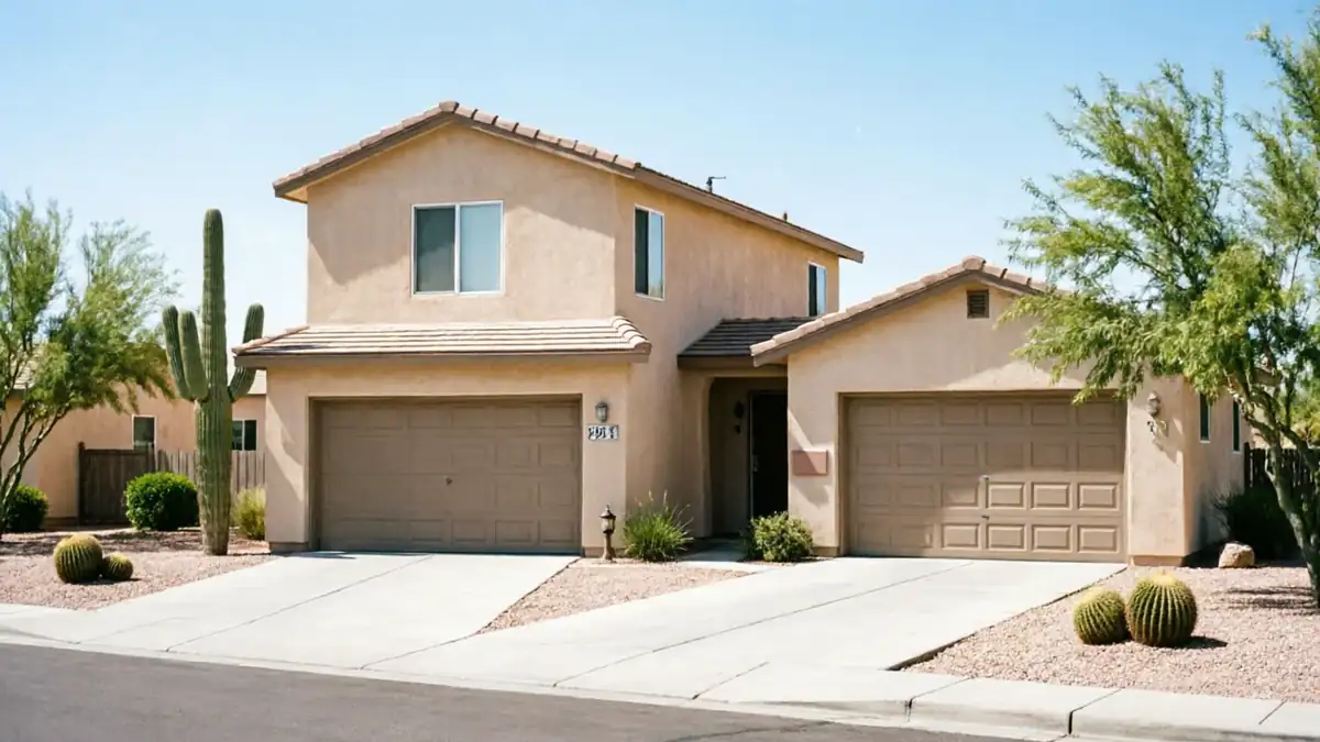 The house has two brown garage doors and a desert landscape.