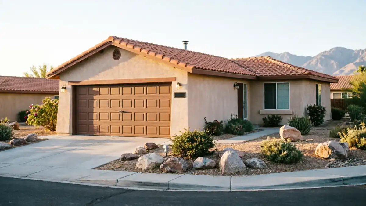 A brown garage door on a stucco house with a tiled roof and desert landscaping.