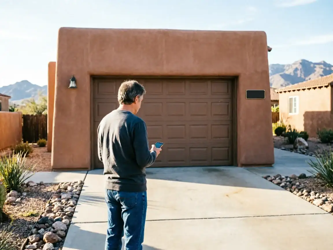 A man stands in front of a brown garage door, looking at his phone.