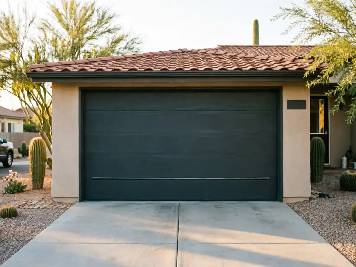 The garage door is dark gray with a horizontal silver accent bar.