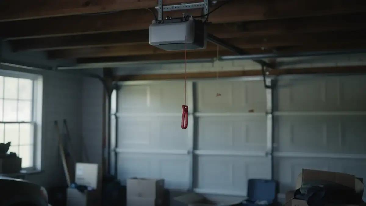 A garage door opener hangs from the ceiling with a red emergency release cord.